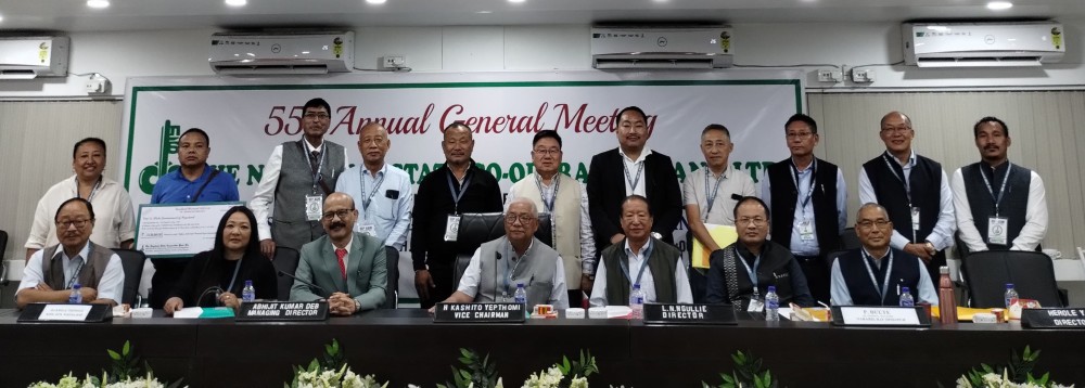 Managing Director Abhijit Kumar Deb, Vice Chairman H Kashito Yepthomi, along with the Board of Directors of NStCB during its 55th Annual General Meeting held at its Head Office, Dimapur on October 25. (Morung Photo)